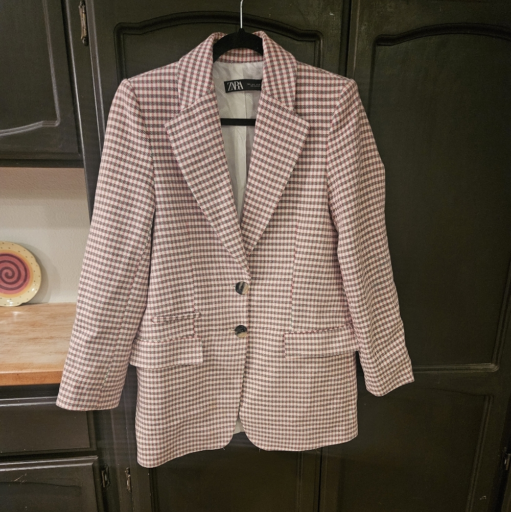 Zara Pink, Cream & Gray Houndstooth Oversized Lined Blazer